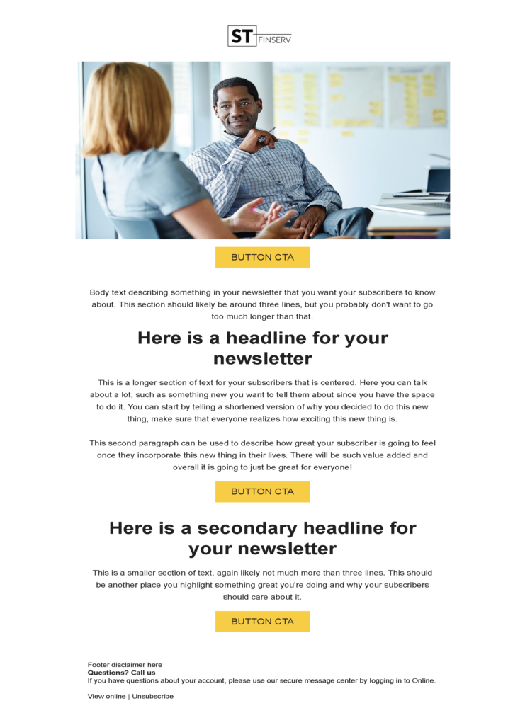 Newsletter 2 email template for a highly-regulated company for Marketo