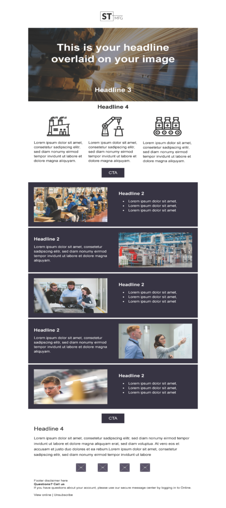 Email Digest 2 email template for a manufacturing company for Marketo
