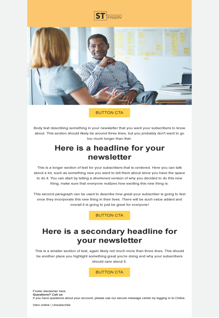 Newsletter 2 email template for a highly regulated company for Marketo