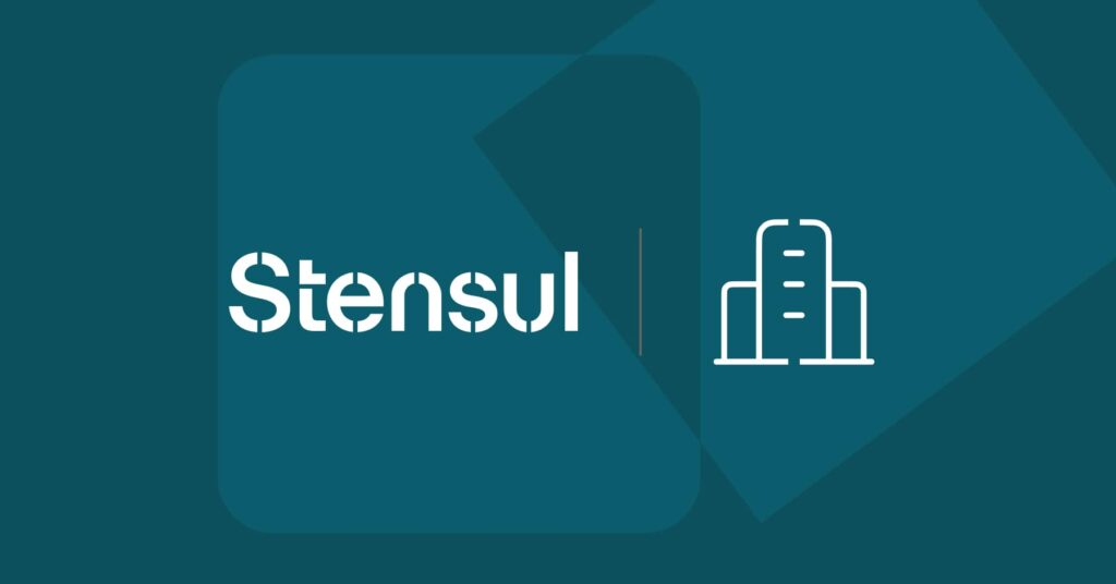 Stensul logo and office building icon on background of geometric shapes