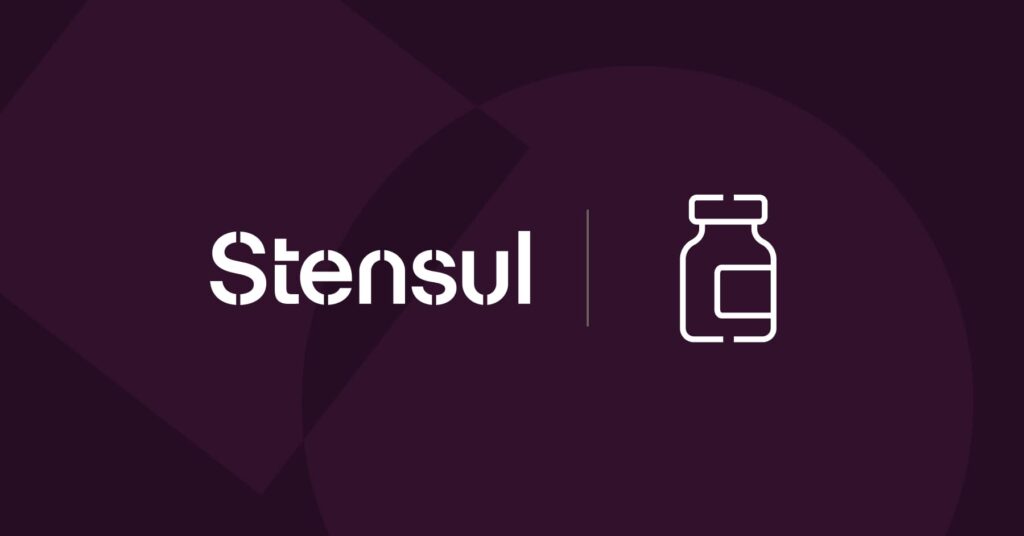 Stensul logo and pharma icon on background of geometric shapes