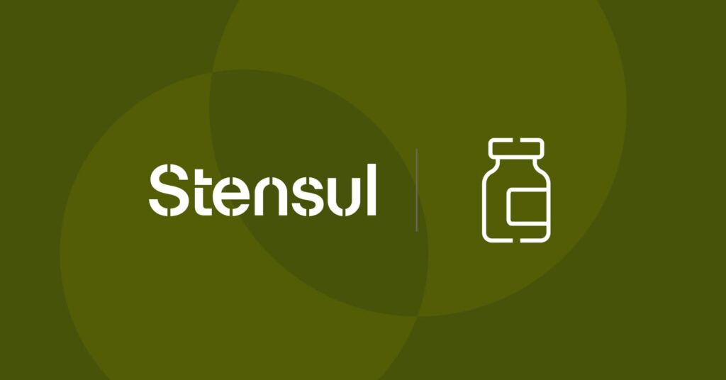 Stensul logo and pharma icon on background of geometric shapes