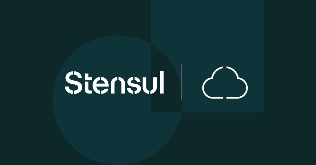 Stensul logo and cloud icon on background of geometric shapes