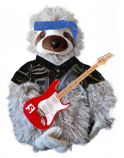 plush sloth toy in rockstar outfit