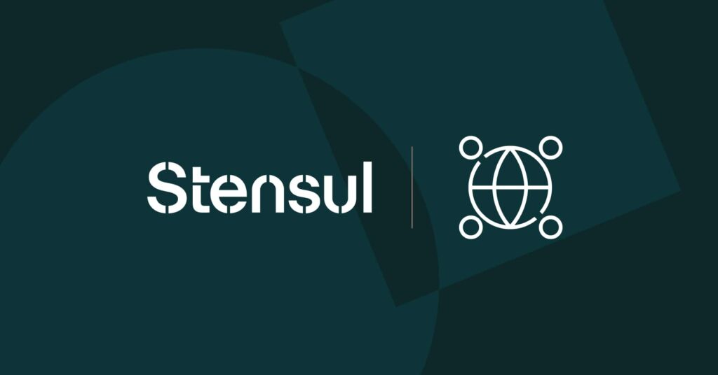 Stensul logo and server/tech icon on background of geometric shapes