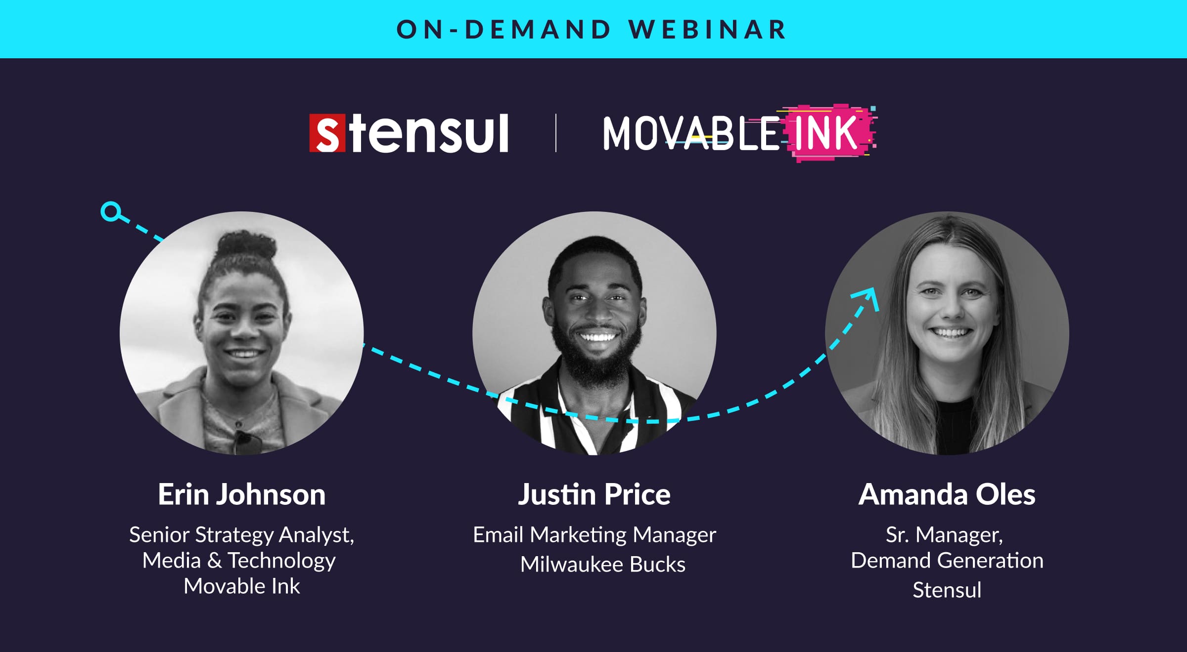 Headshots of the speakers for this webinar Erin Johnson of Movable Ink, Justin Price of the Milwaukee Bucks, and Amanda Oles of Stensul