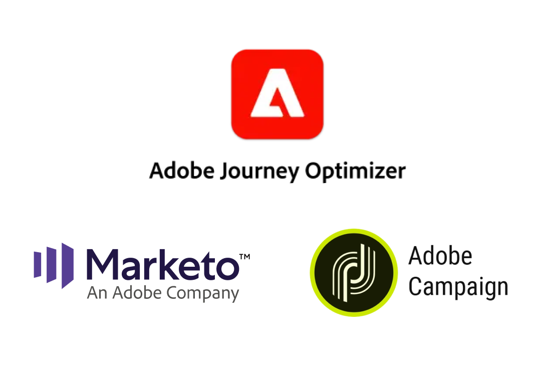 Adobe Journey Optimizer, Marketo, Adobe Campaign logos