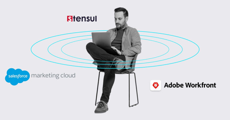 person sitting on a chair with Salesforce, Adobe Workfront and Stensul logos surrounding