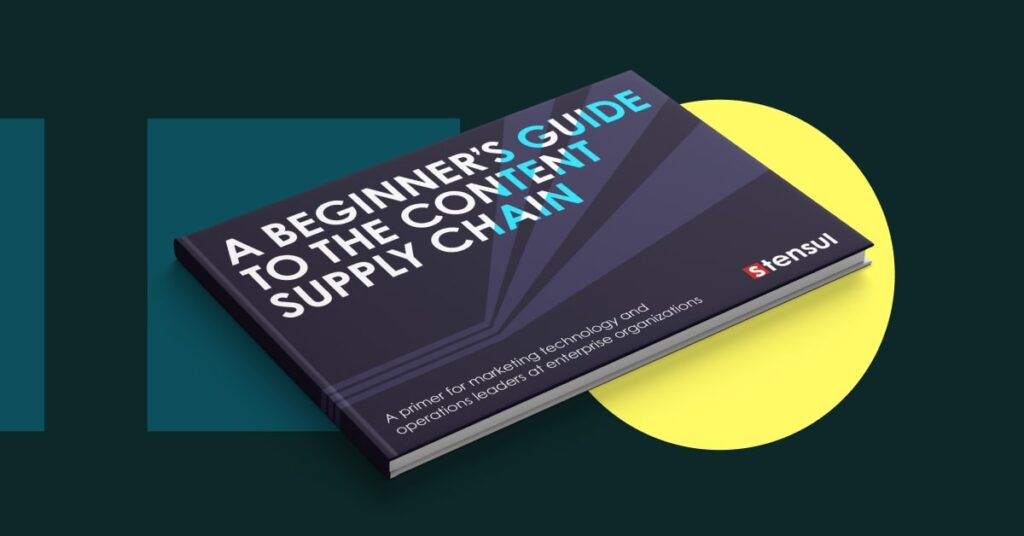 Book cover with abstract lines and beginner's guide to the content supply chain on background of geometric shapes