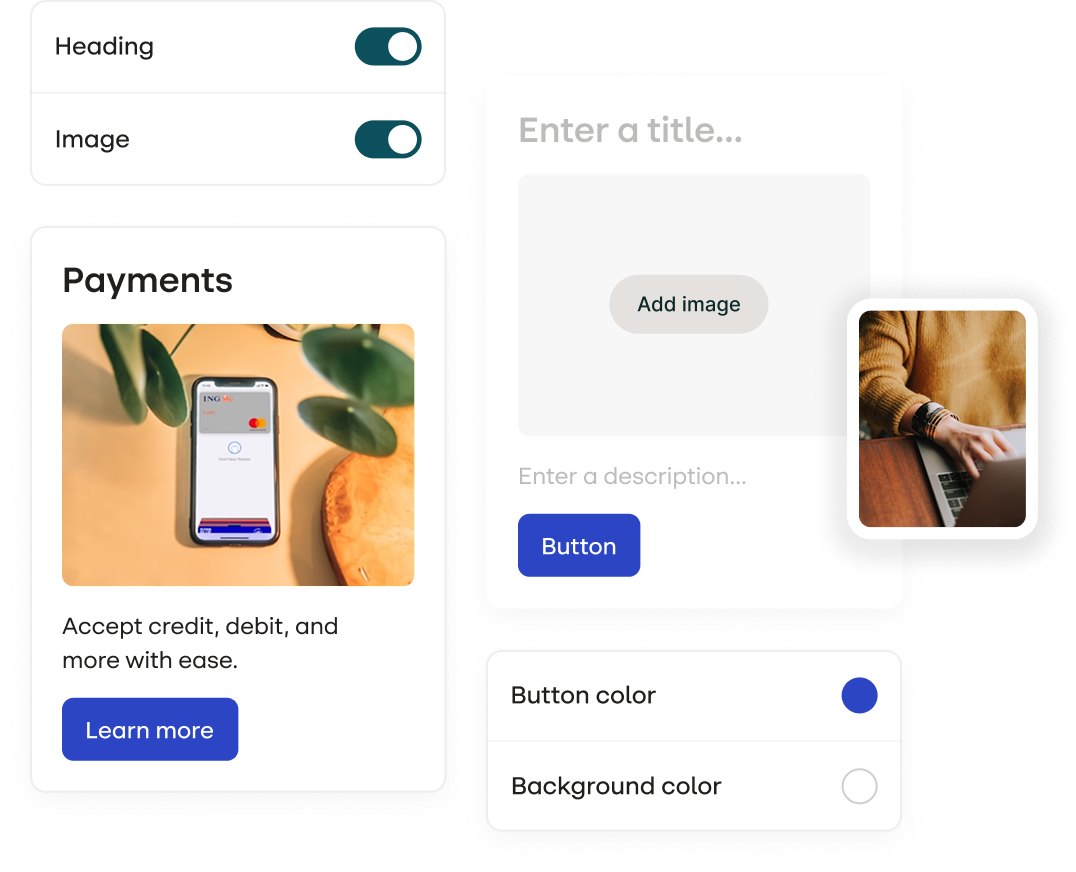 Stensul UI showing an email, an image being dropped into a email, button and background color, ability to turn off the headline and image