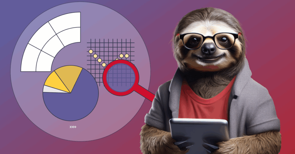 Speedy the Sloth reviewing data and charts