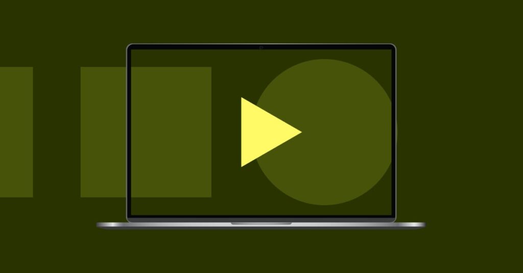 Laptop with a play button and abstract shapes