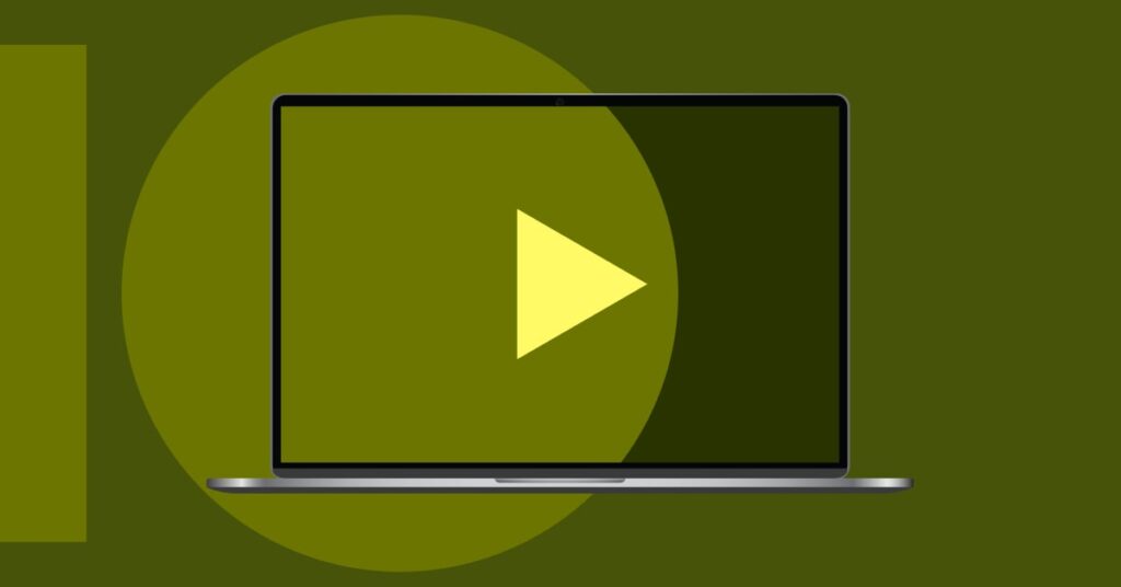 Laptop with a play button and abstract shapes