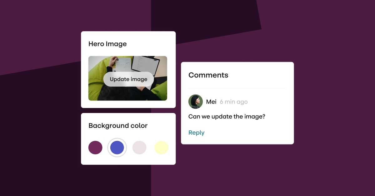 Product shots of updating an image, background color picker, a comment
