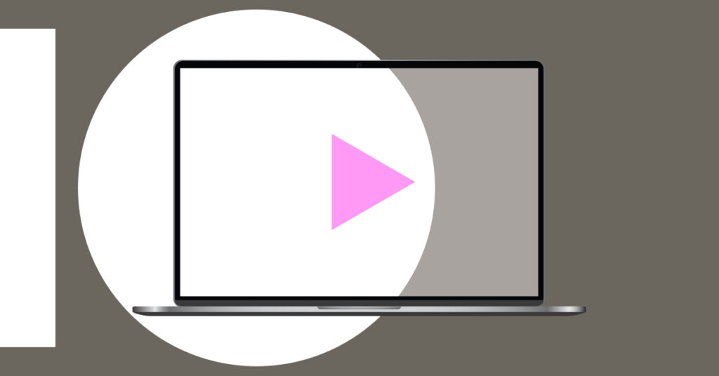 Laptop with a play button and abstract shapes