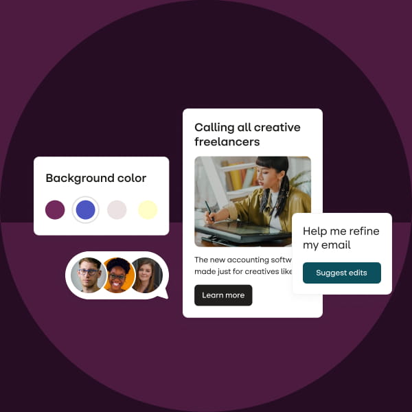 Collage of stensul ui showing ai email refiner, comments, background color palette