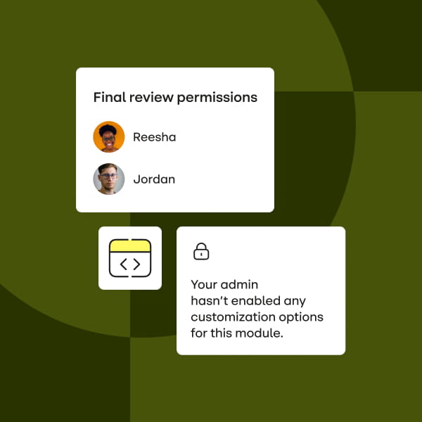 Collage of stensul ui showing permissions, dev icon, locked module