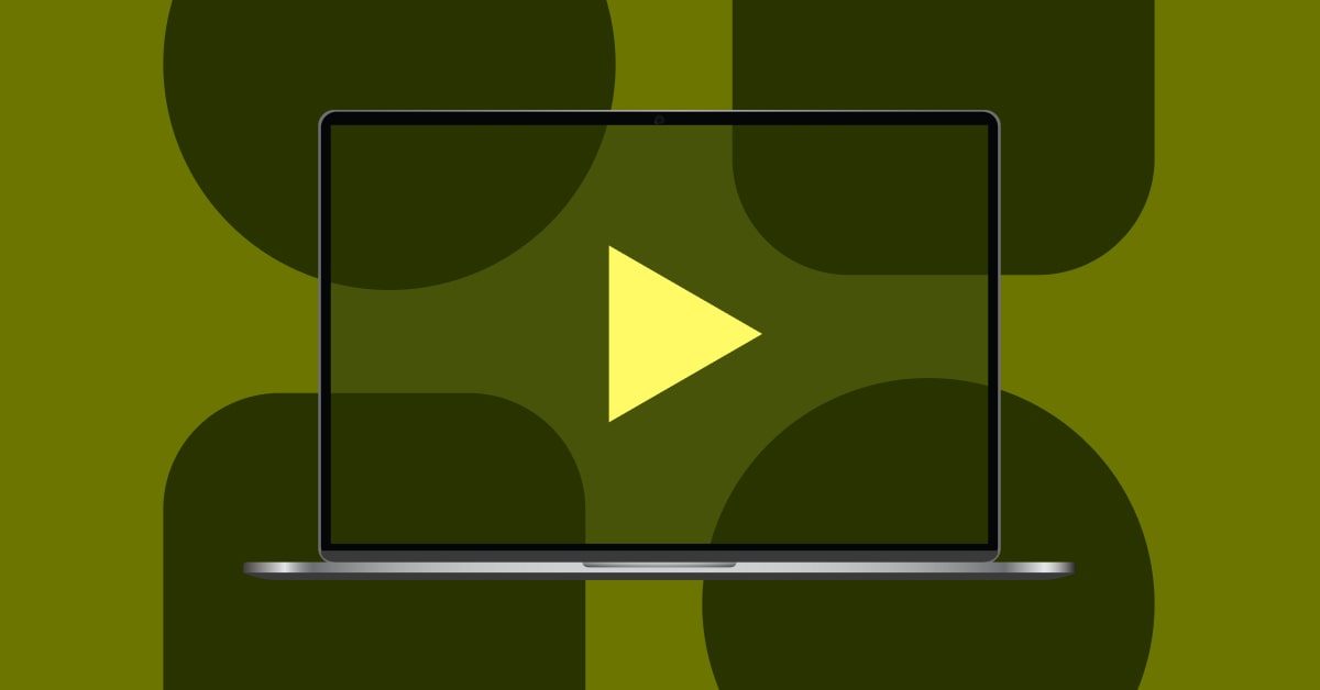 Laptop with a play button and abstract shapes