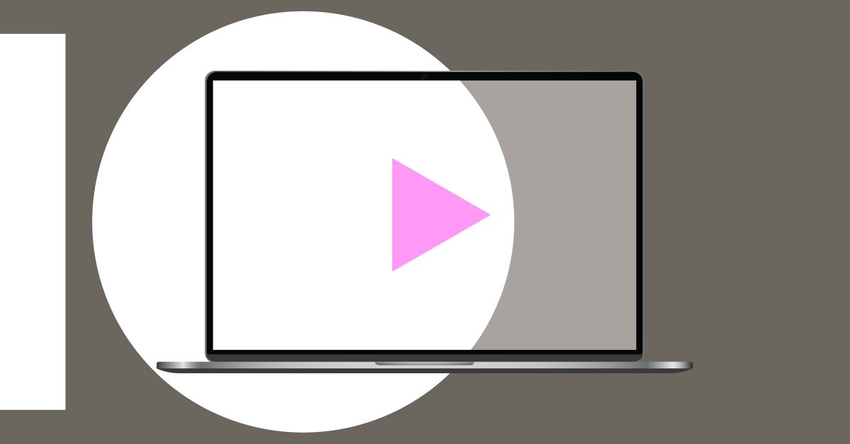 Laptop with a play button and abstract shapes