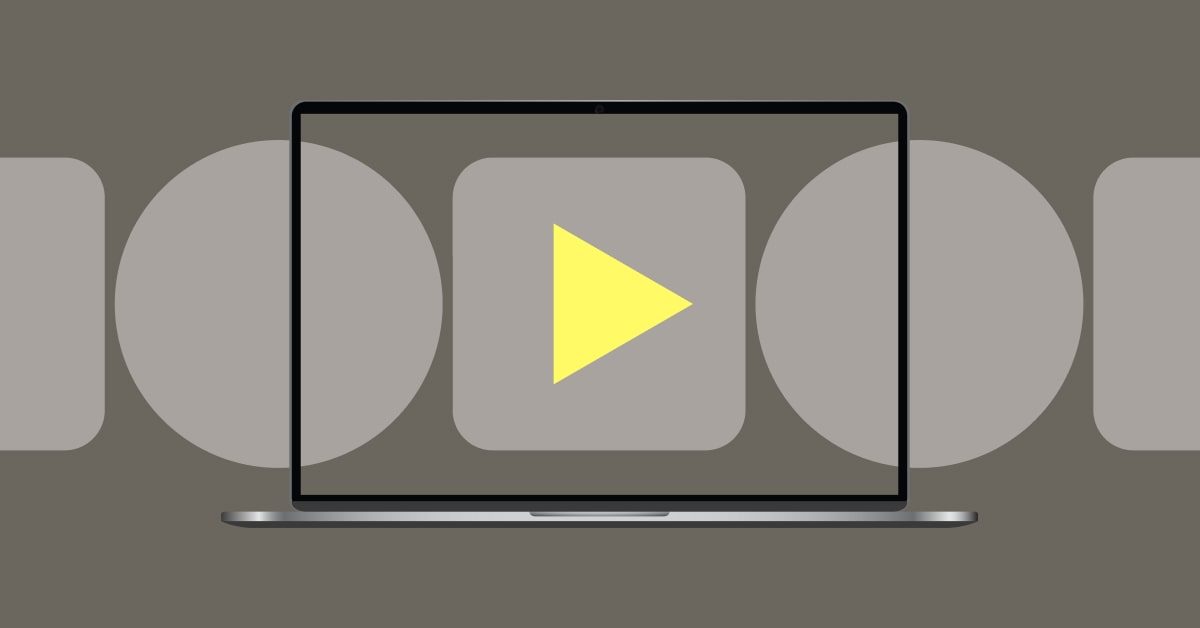 Laptop with a play button and abstract shapes