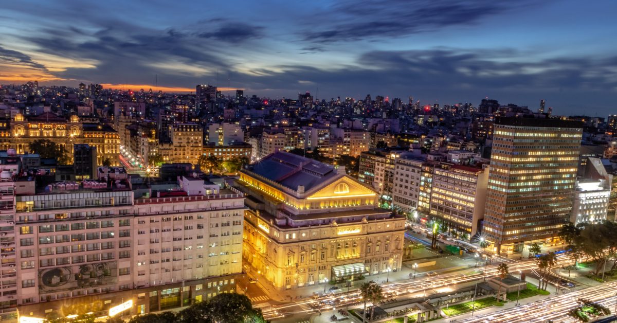 Aerial view 9 de Julio Avenue at night - Buenos Aires, Argentina