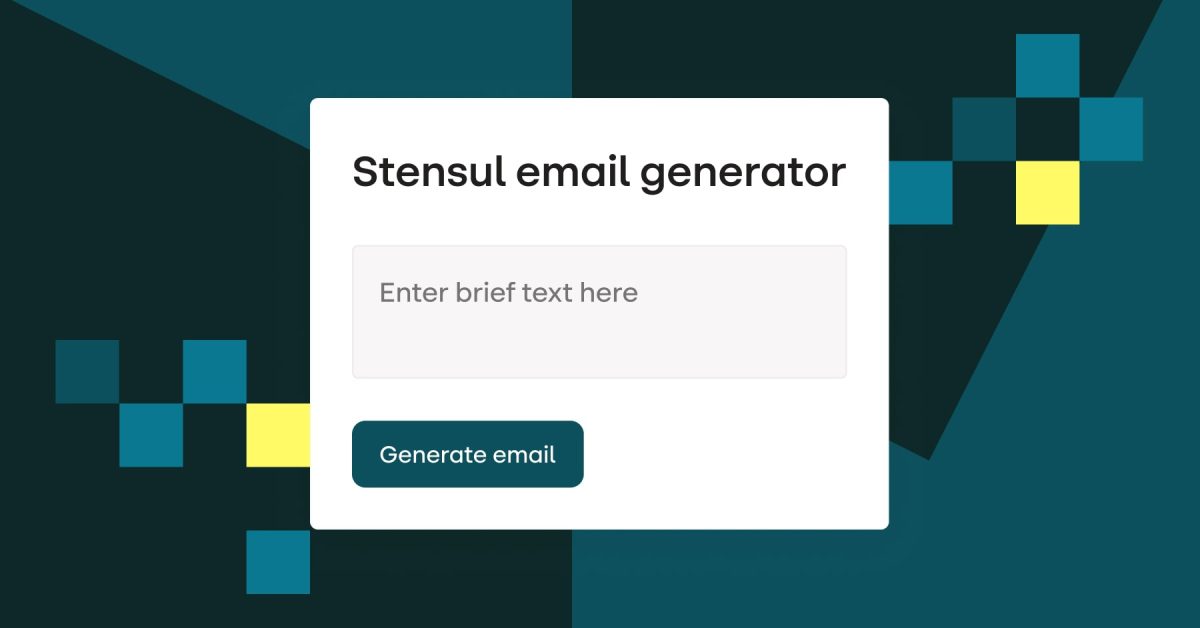 Stensul UI showing email generator feature with small patterns of squares either side representing data points. On background of intersecting geometric shapes