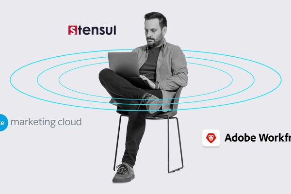 person sitting on a chair with Salesforce, Adobe Workfront and Stensul logos surrounding