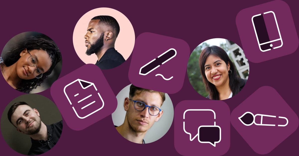 Jumble of headshots and blocks with icons showing a document, a pencil, speech bubbles, a mobile phone, and a paintbrush