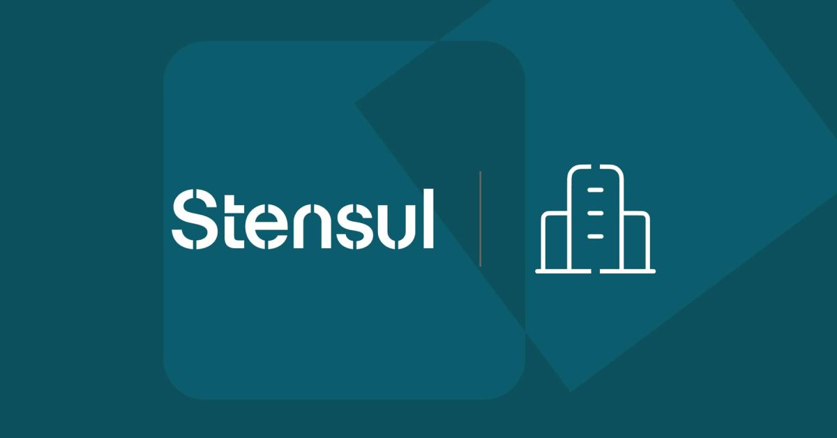 Stensul logo and office building icon on background of geometric shapes