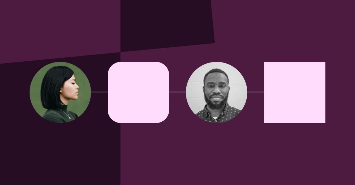 Two headshots alternating in a line with two squares, the first square with rounded corners