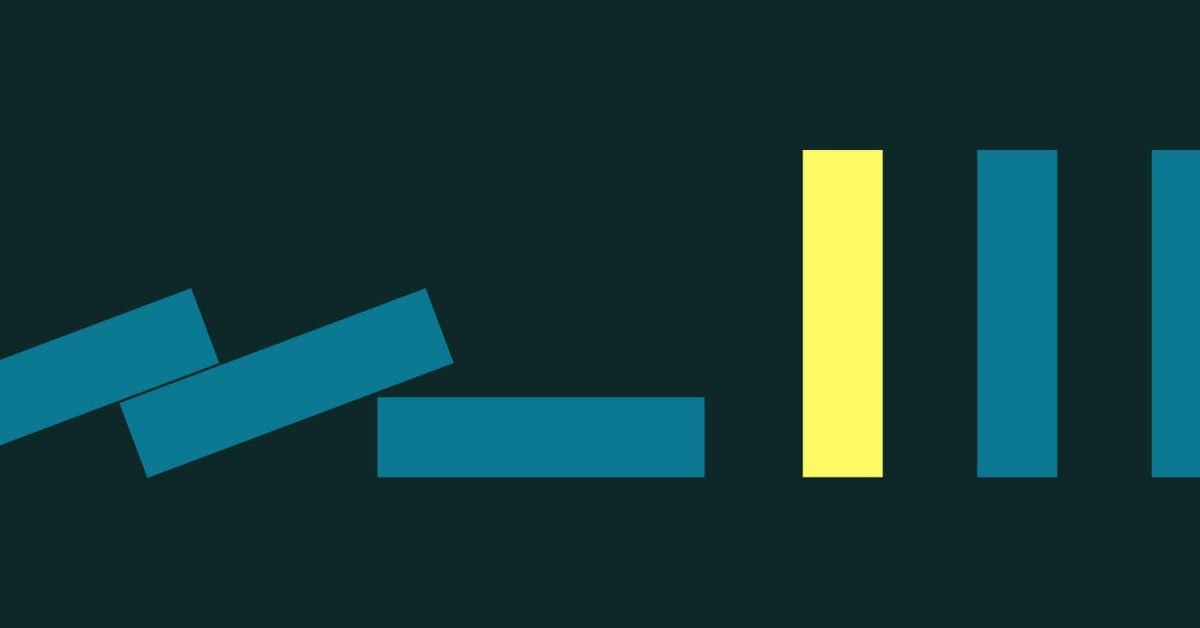 Rectangles representing dominoes fallen over and then standing up straight