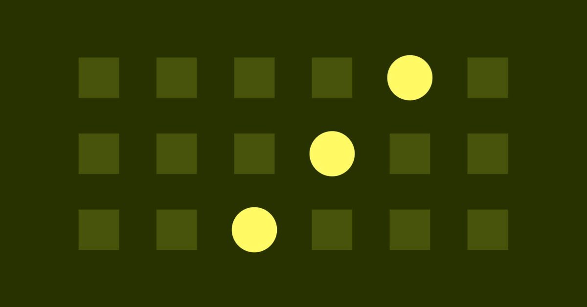 Grid of squares and circles, with 3 circles in a row called out in the center