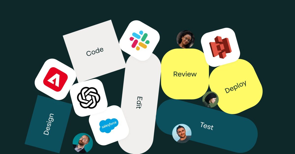 Jumble of workflow steps, software icons, and people