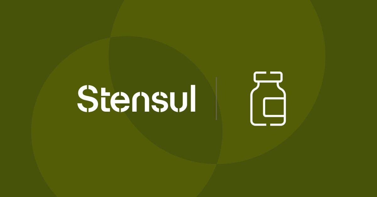Stensul logo and pharma icon on background of geometric shapes