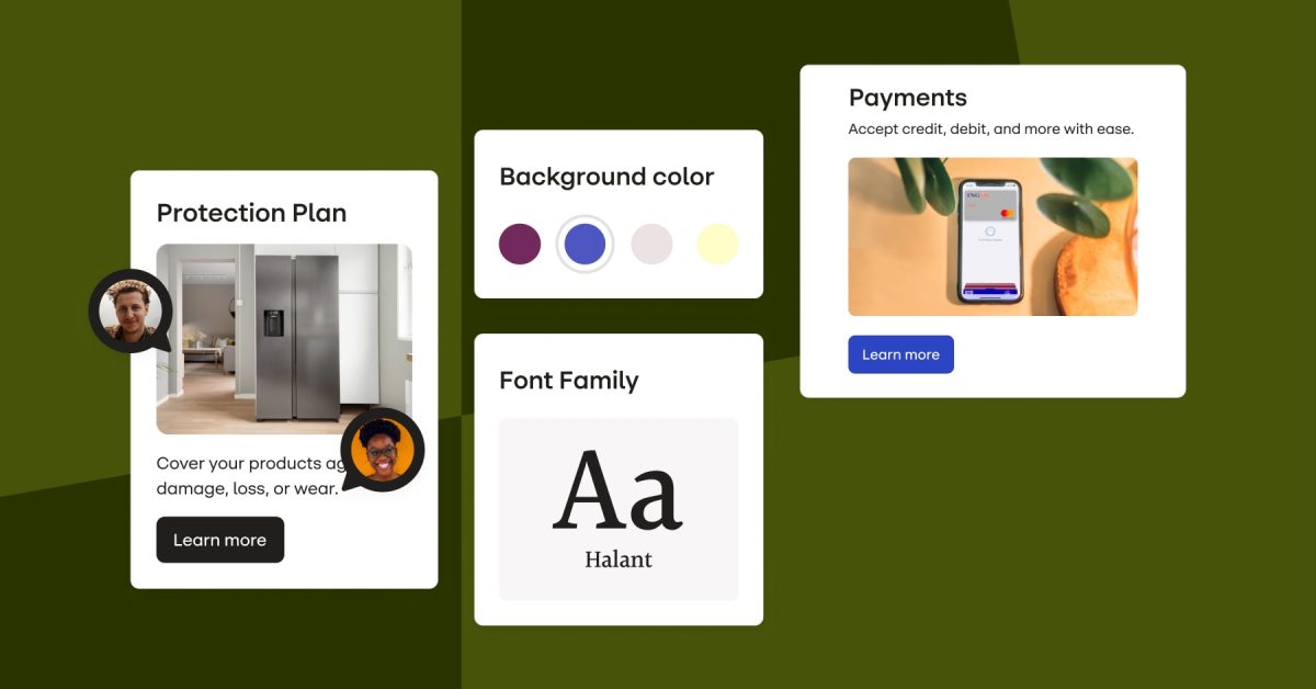 Stensul UI showing an email with comments, background color palette, font, and a landing page
