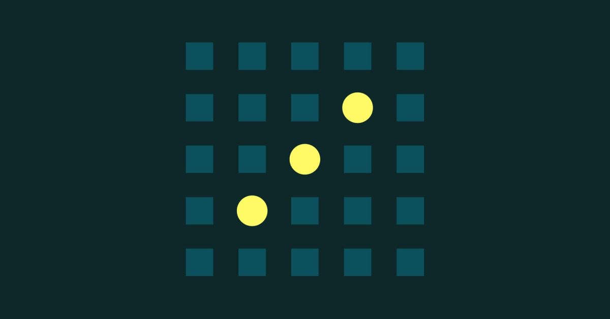 Grid of squares and circles, with 3 circles in a row called out in the center