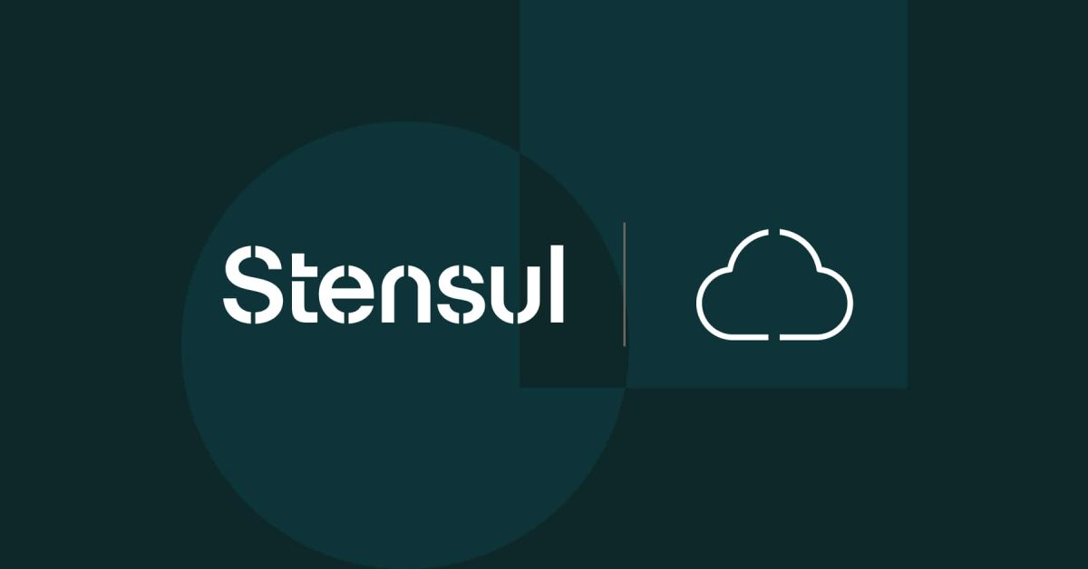 Stensul logo and cloud icon on background of geometric shapes