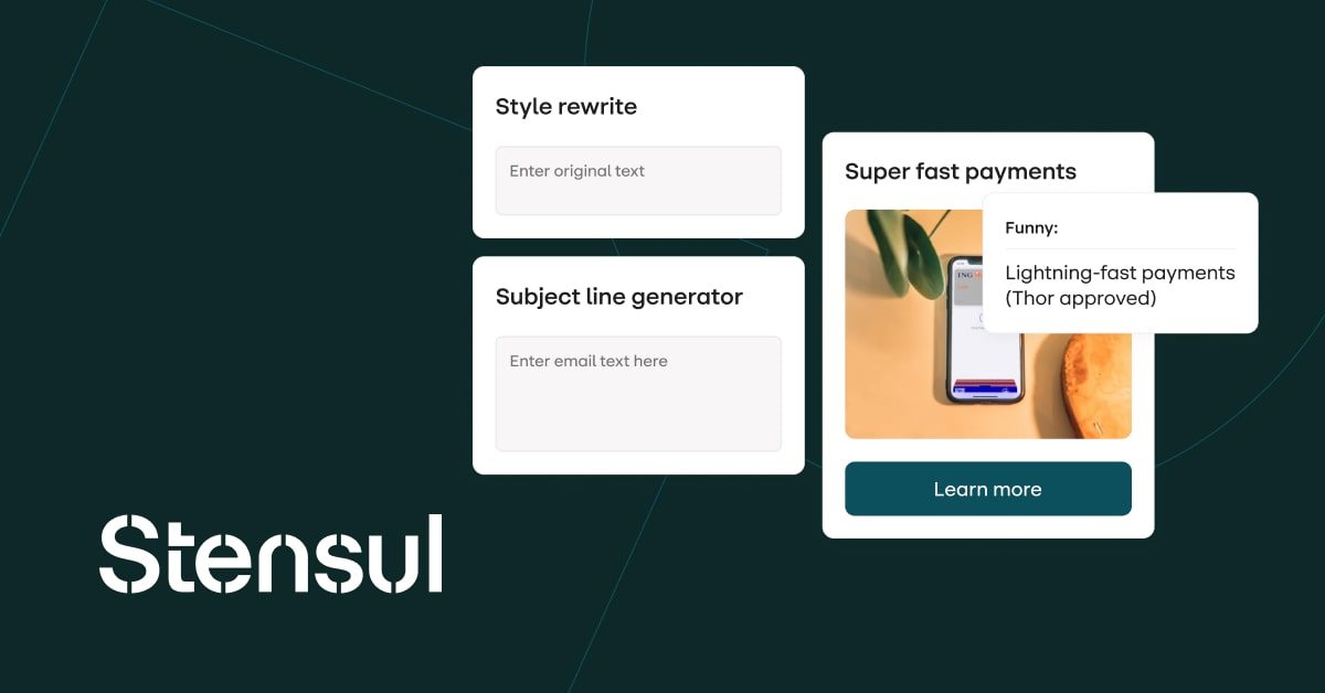 Stensul logo with Stensul UI showing various AI features